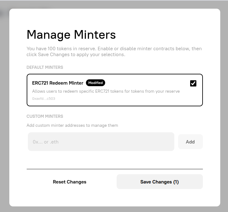Manage Minters modal