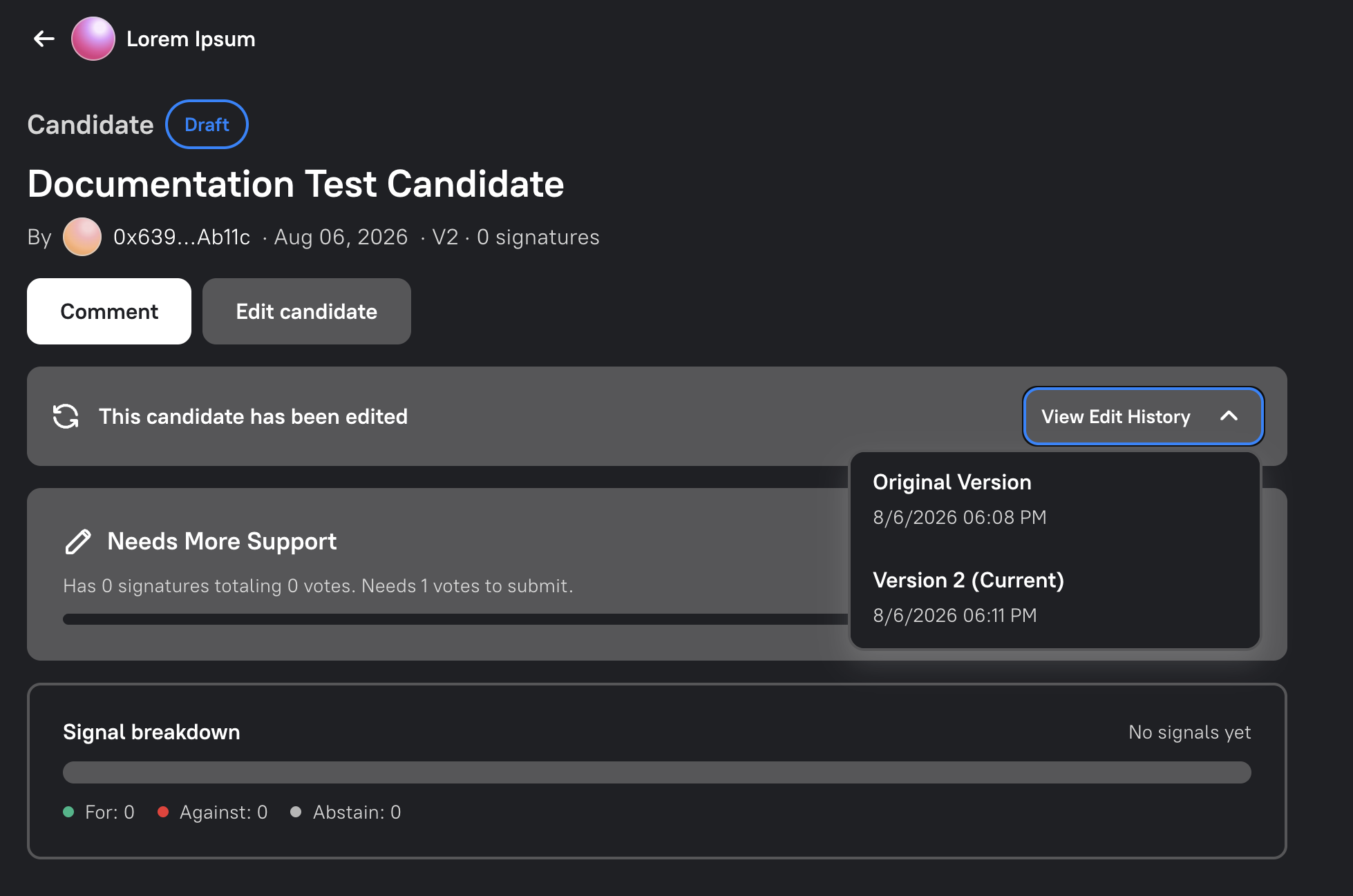 The candidate edit history menu showing previous versions