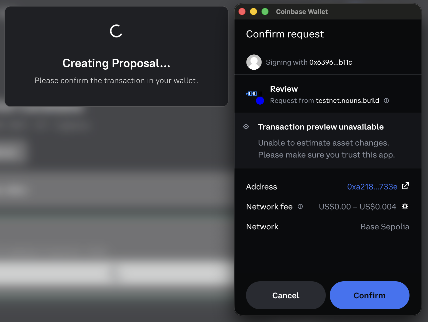 The candidate creator's wallet asking to confirm the proposal submission transaction