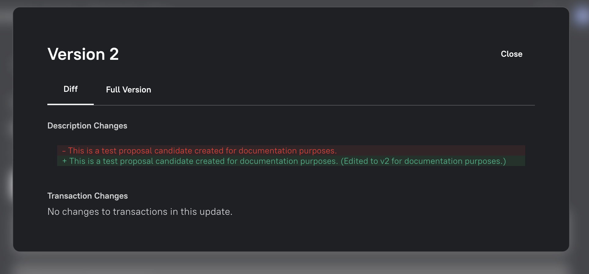 A candidate version diff showing removed and added text