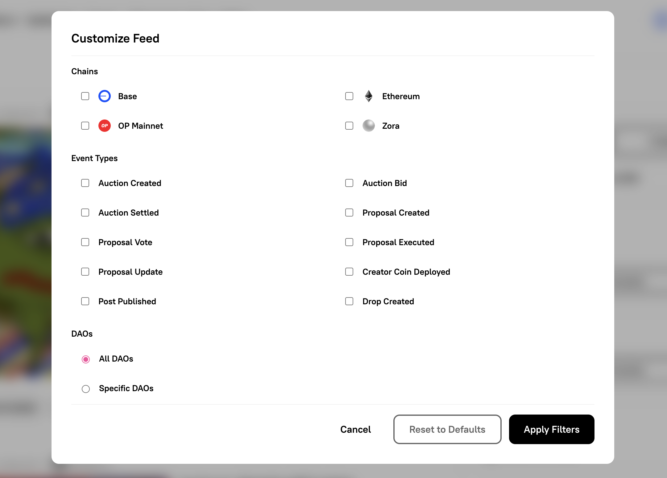 Feed Customisation Modal