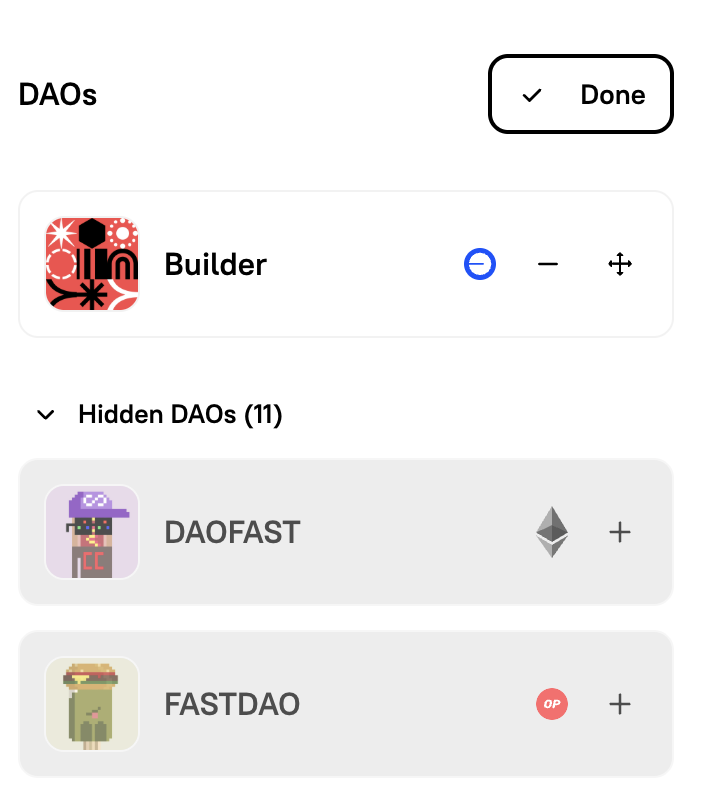 DAOs section on the profile page showing visible and hidden DAOs