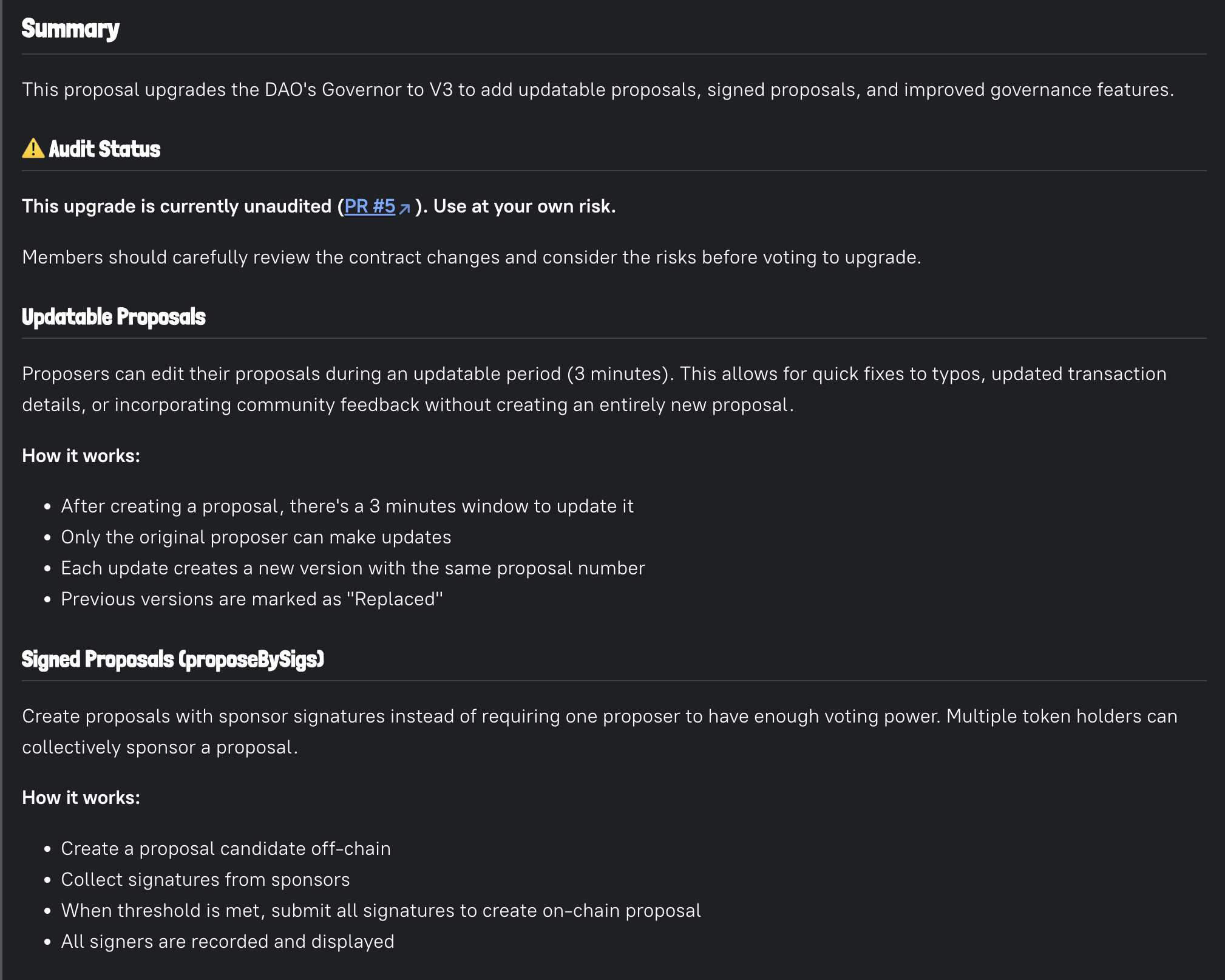 The generated proposal description showing the audit warning and link to protocol PR 5