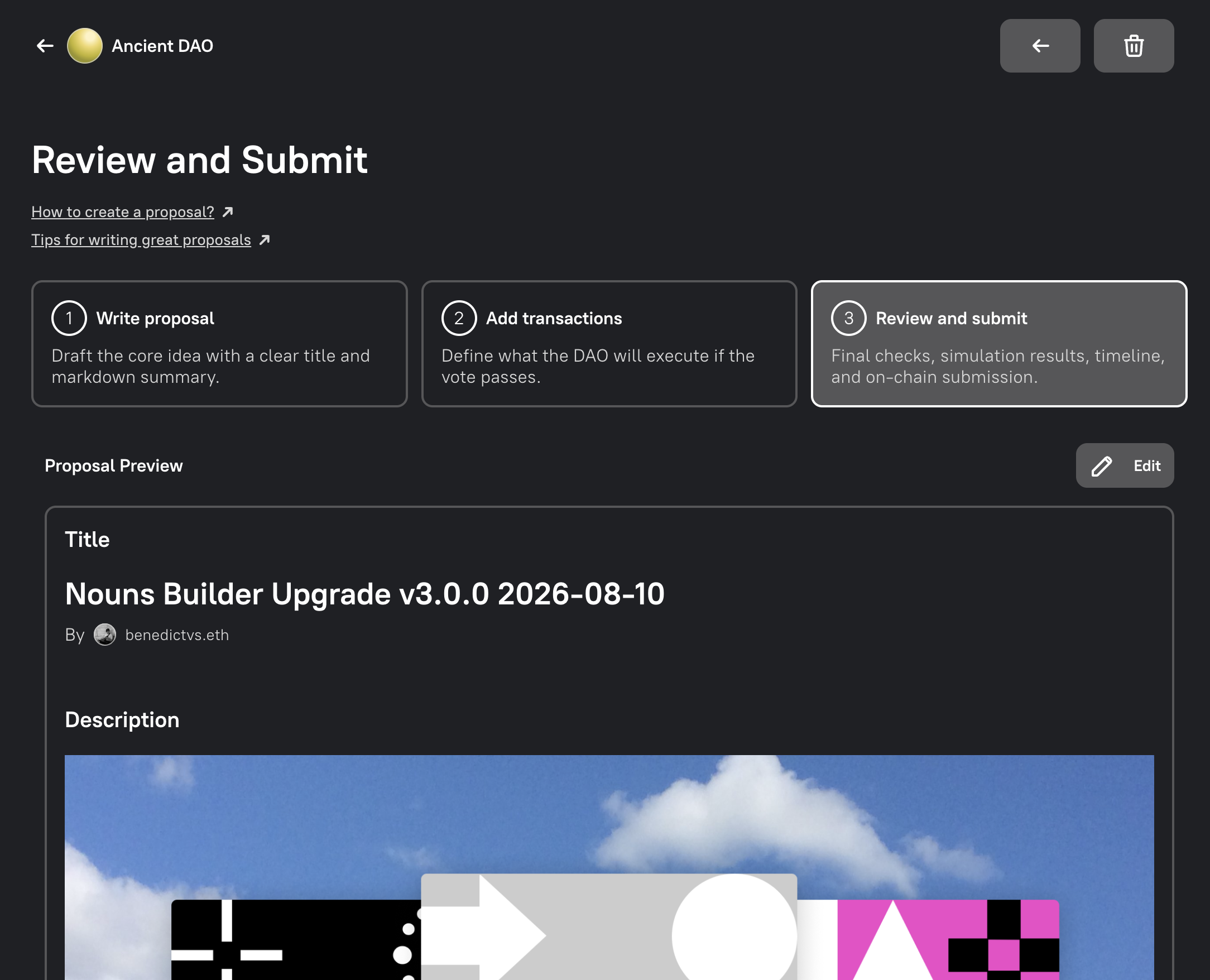 The Review and submit step for a generated Governor v3 upgrade proposal