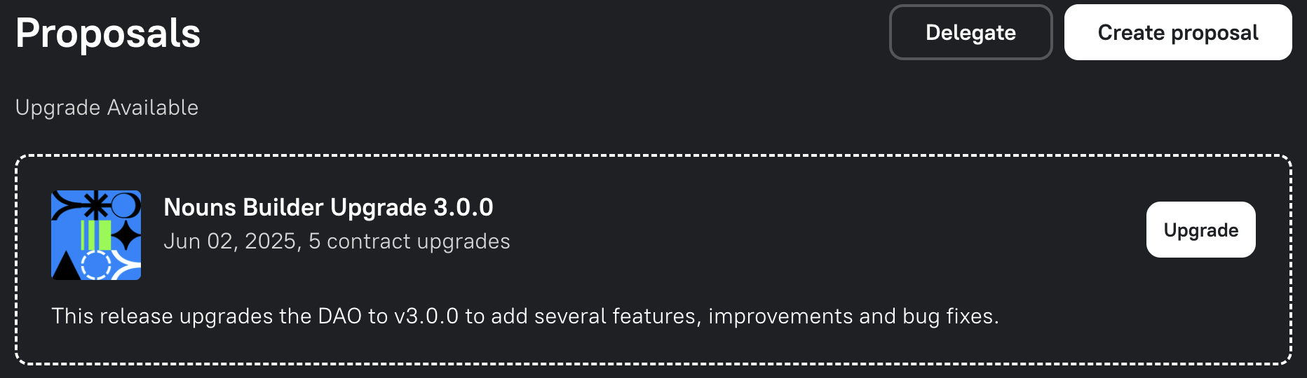 The Nouns Builder Upgrade 3.0.0 card with an Upgrade button