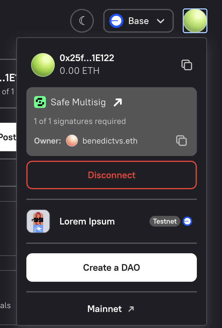 Account menu showing the connected Safe, its signature requirement, and its owner wallet
