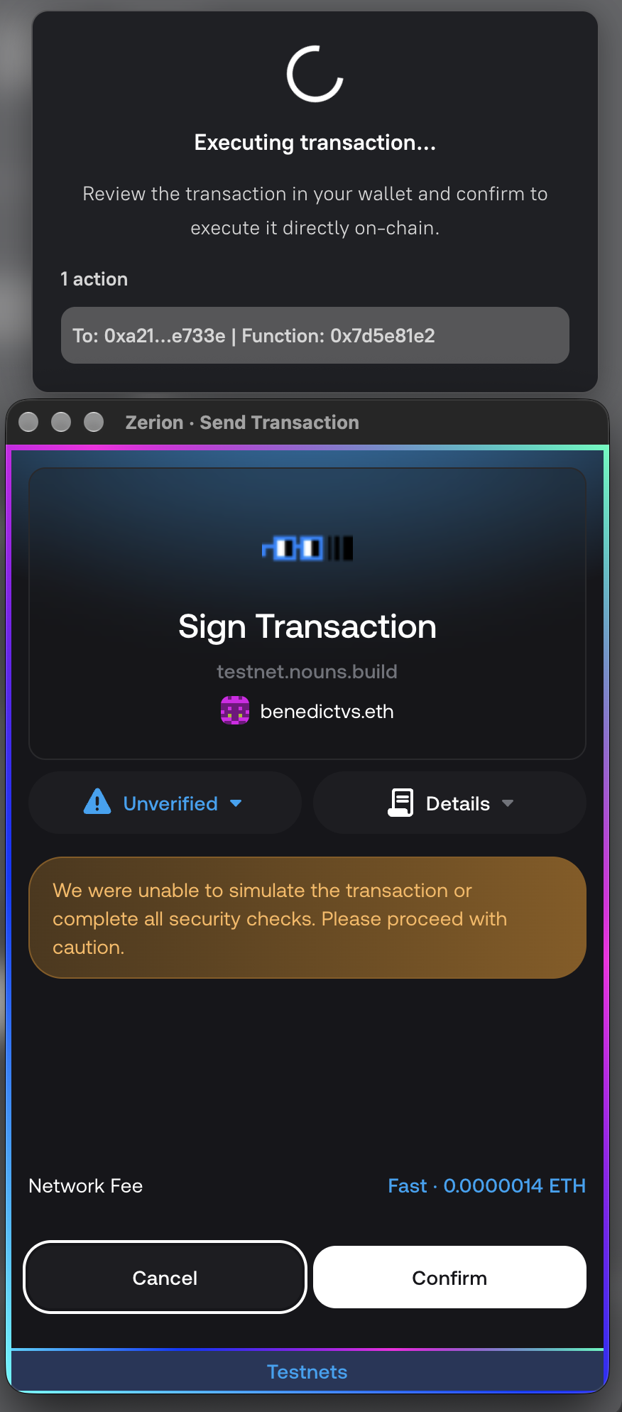 A Safe transaction being reviewed in Nouns Builder and confirmed in the owner wallet