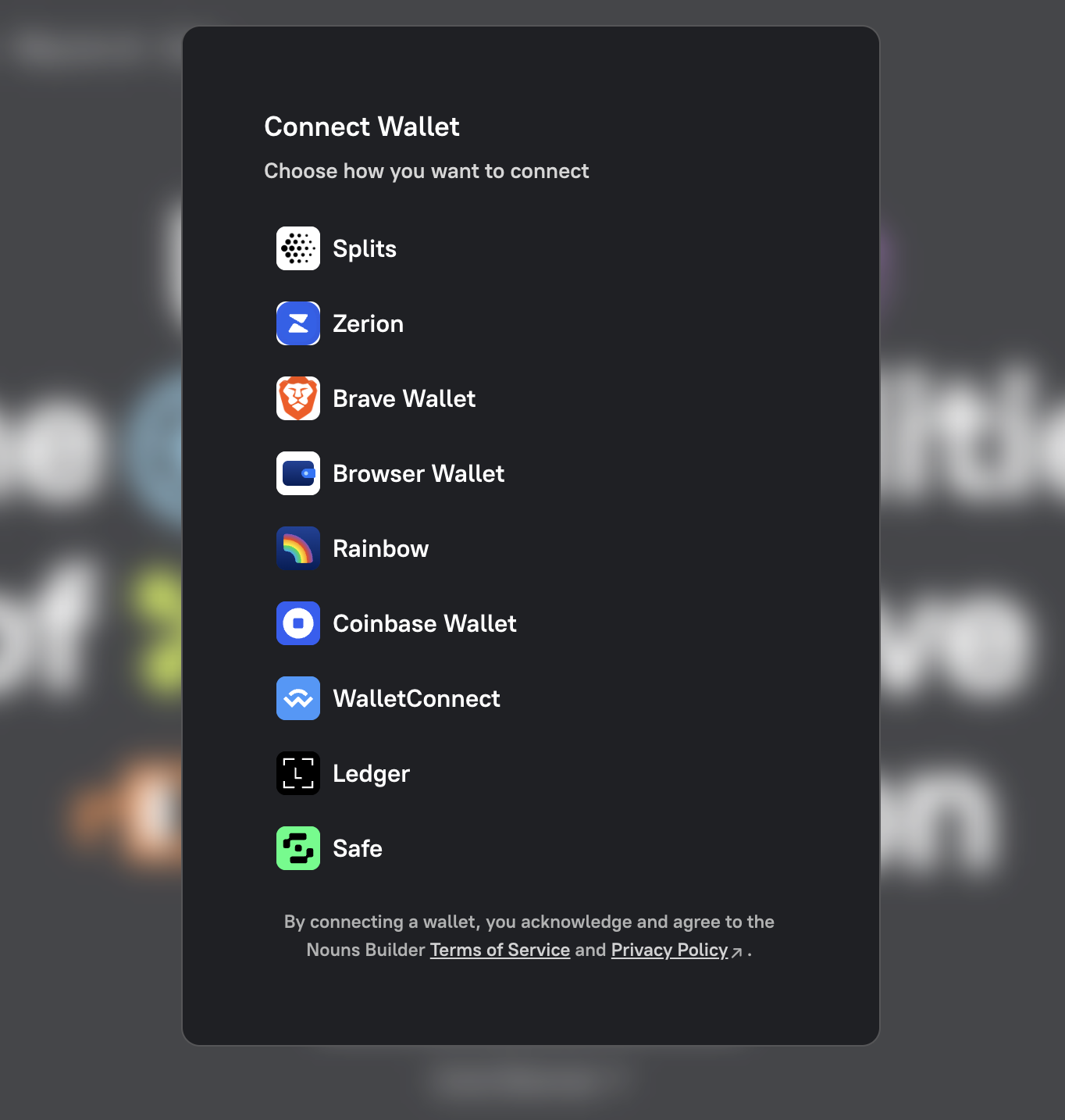 Wallet options available when connecting to Nouns Builder